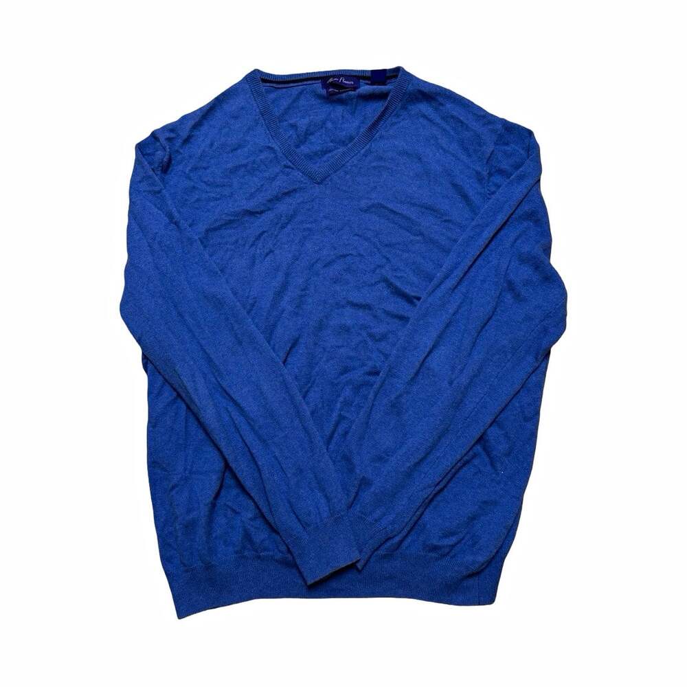 Alan Flusser Knit Cotton Cashmere V-Neck Pullover Sweater Men’s XL Blue Solid
